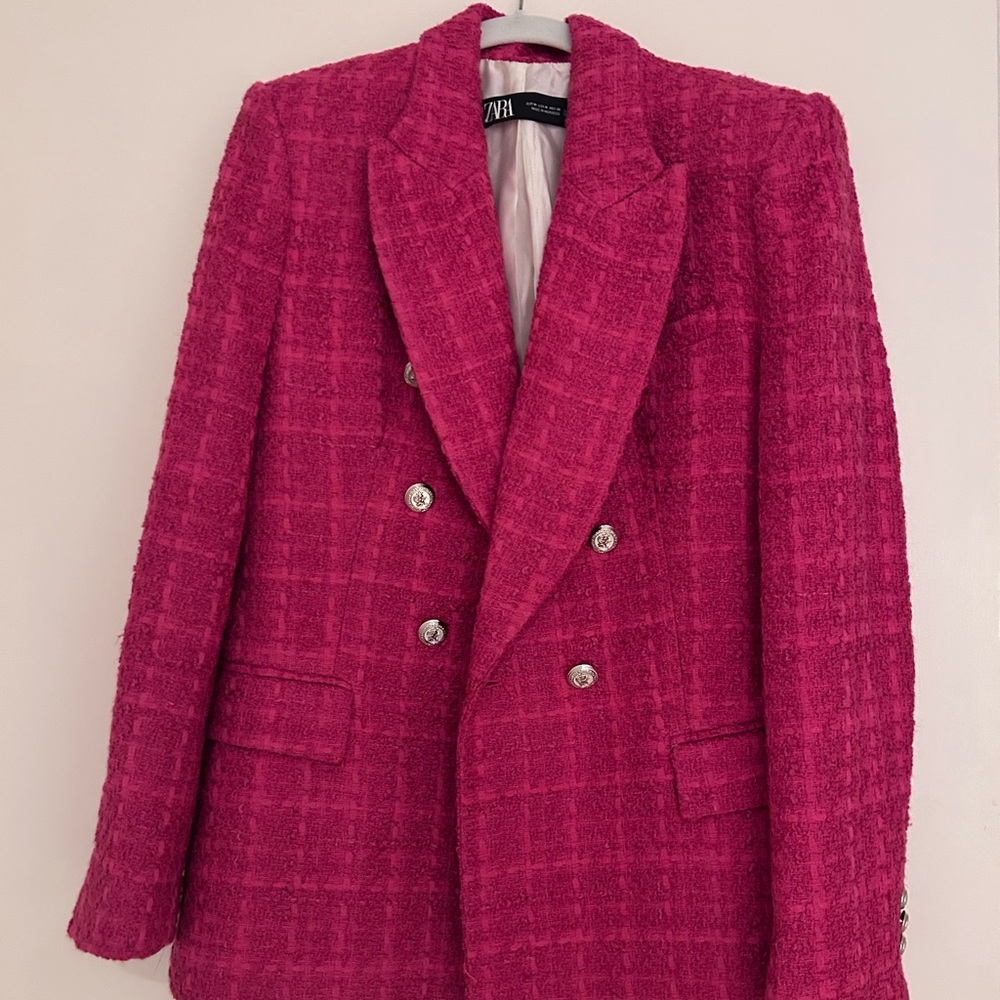 Zara Pink Tweed Blazer with Silver Buttons